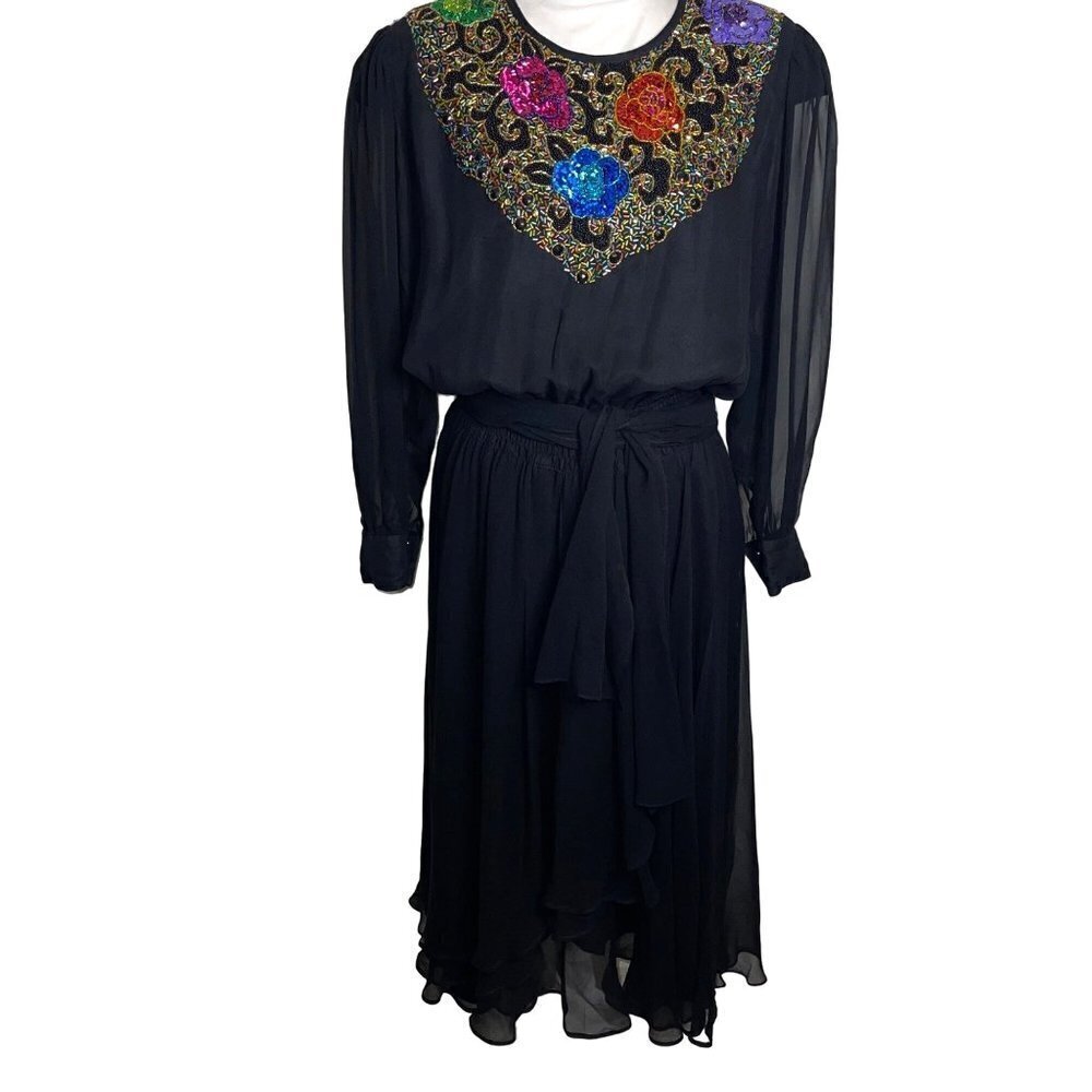Diane Freis Original Womens Dress Black Size 1X Vintage 80s Silk Beaded Sequin